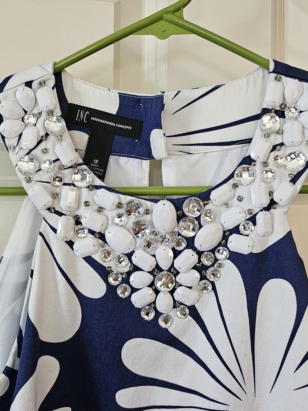 INC International Concepts Navy & White Jeweled Neckline Dress